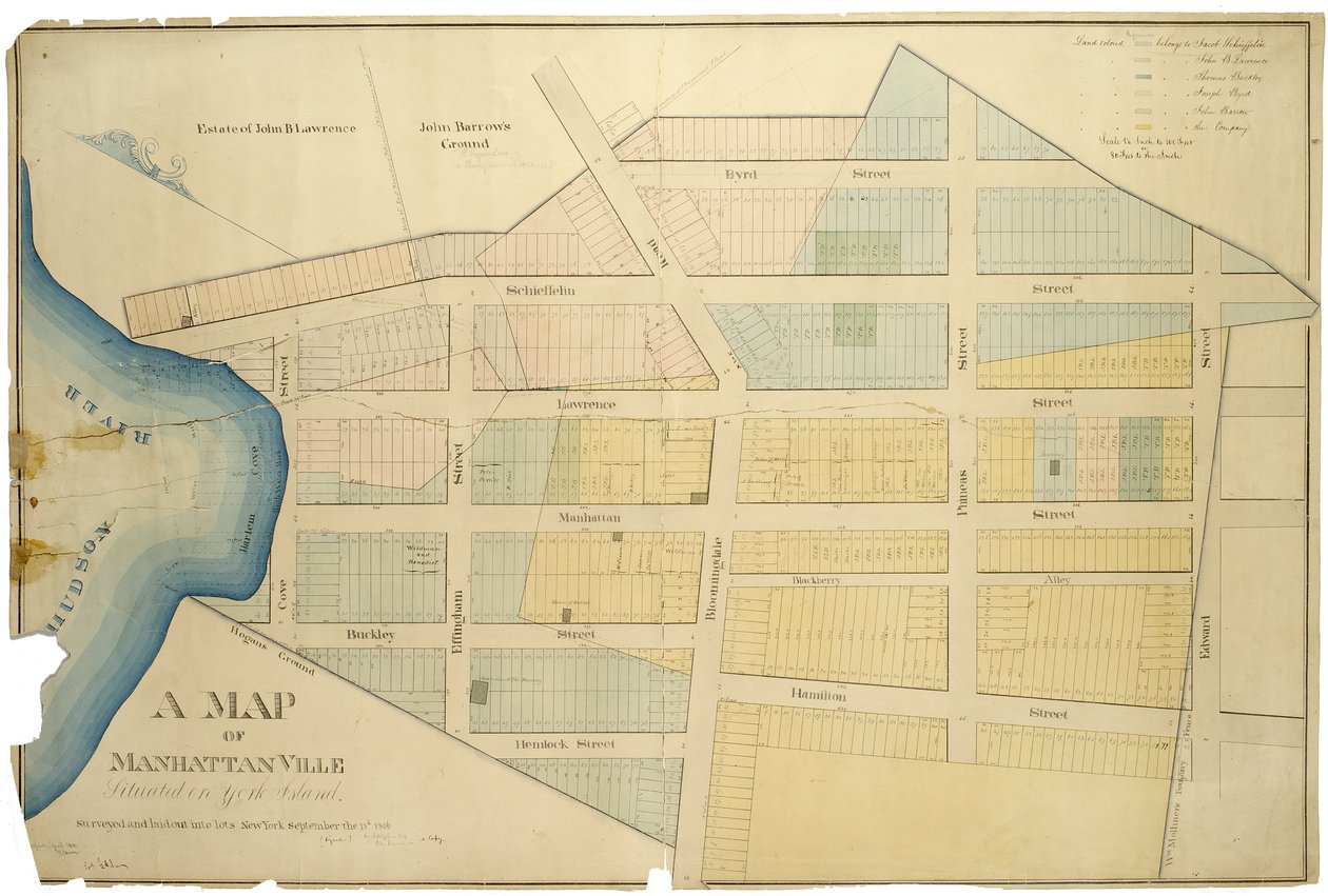 Et kart over Manhattanville Ligger på York Island / kartlagt og lagt ut i partier av Adolphus Loss; kopierte R.J. Dodge., 1850 av American School