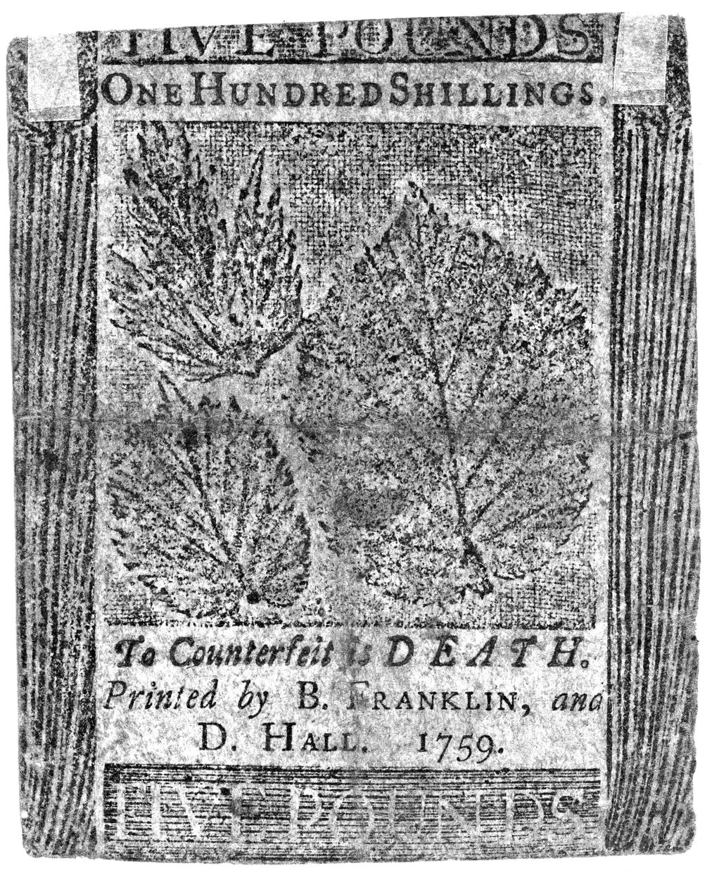 En hundre shillingseddel trykt av B. Franklin og D. Hall, 1759 (trykk) av American School