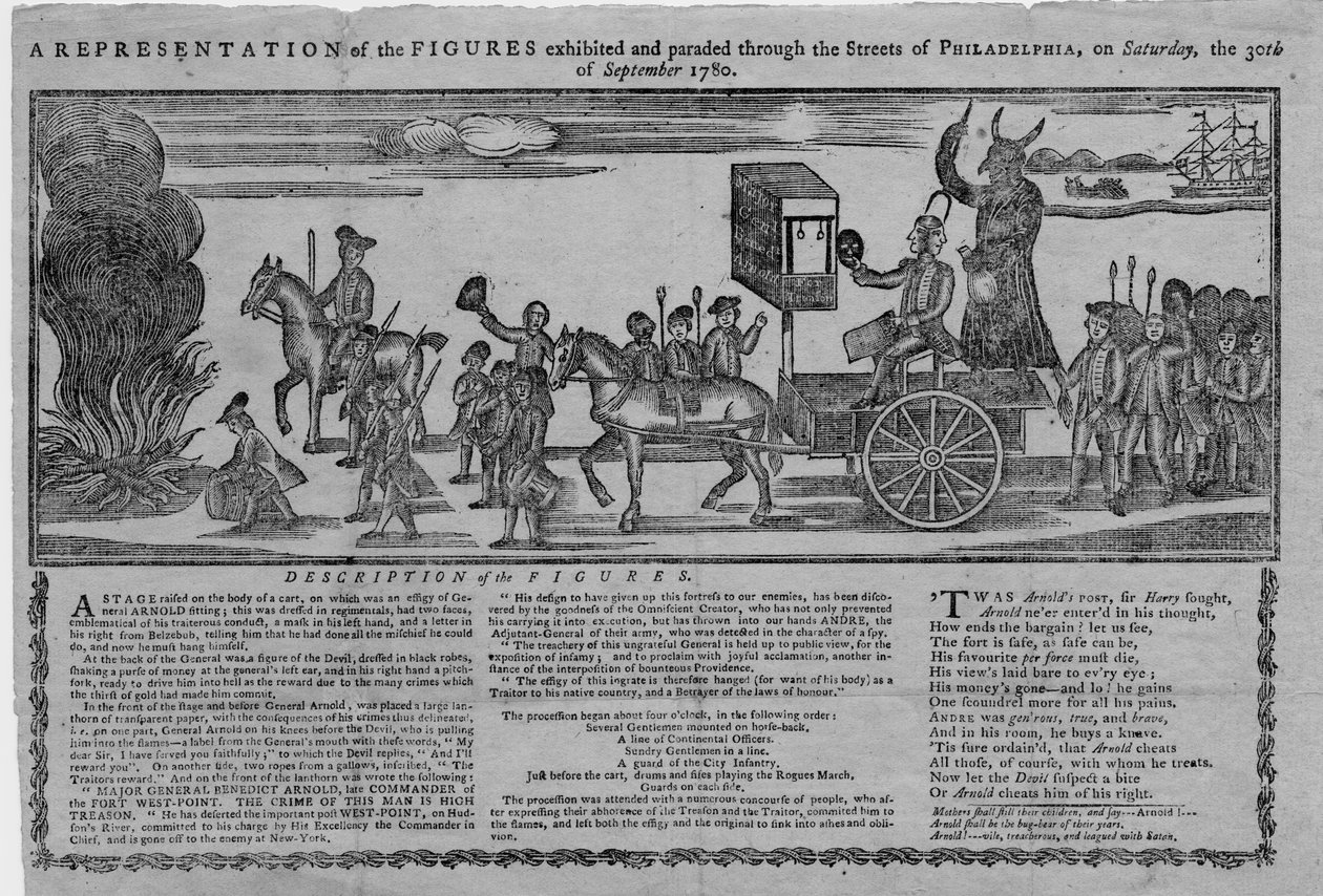 En representasjon av figurene som ble utstilt og paradert gjennom gatene i Philadelphia lørdag 30. september 1780 av American School