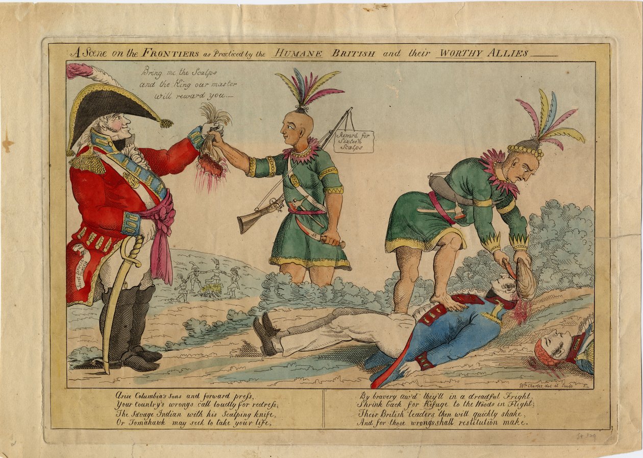 En scene på grensene som praktisert av de humane britene og deres verdige allierte, ca. 1813 (håndfarget etsning) av American School
