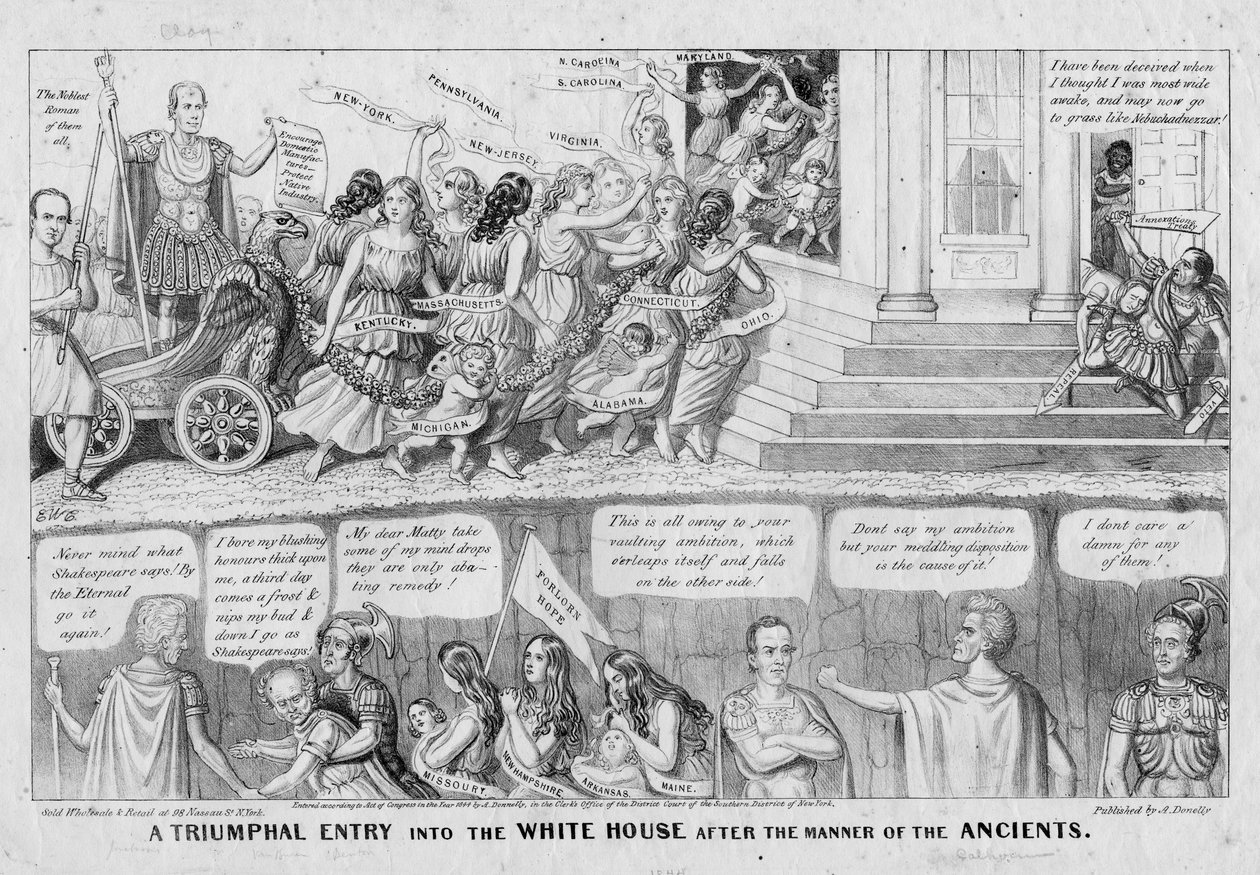 Et triumferende inntog i Det hvite hus etter de gamles måte, utgitt av A Donnelly, New York, 1844 av American School