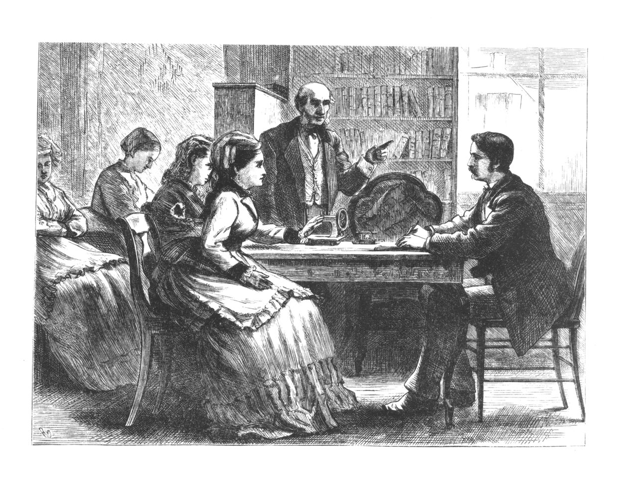 En kvinne forhandler med en fabrikksjef, assistert av en rådgiver fra Susan B. Anthonys nye Working Womens Protective Association, 1860-70-tallet av American School
