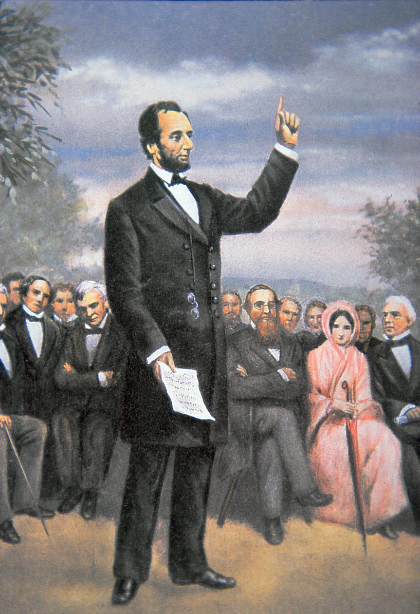 Abraham Lincoln (1809-65) holdt Gettysburg-adressen i Gettysburg, Pennsylvania, november 1863 (farge litho) av American School