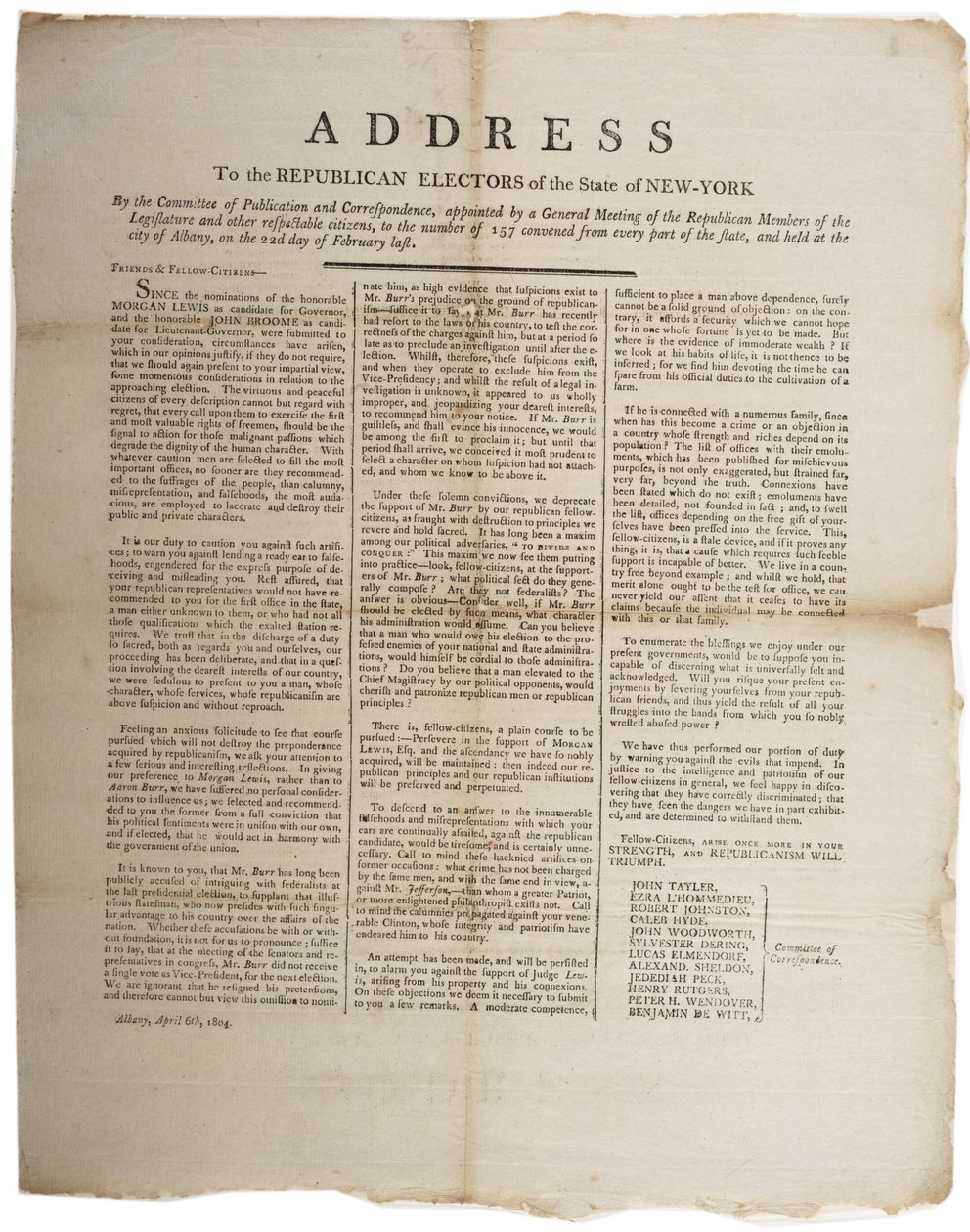 Tale til de republikanske valgmennene i staten New York, 6. april 1804 av American School