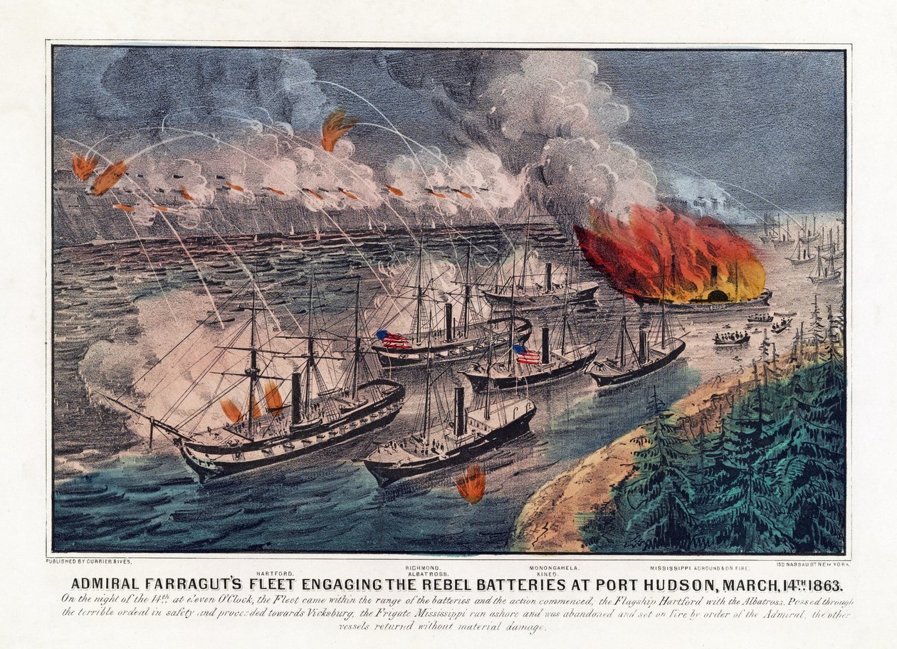 Admiral Farraguts flåte engasjerer opprørsbatteriene ved Port Hudson, 14. mars av American School