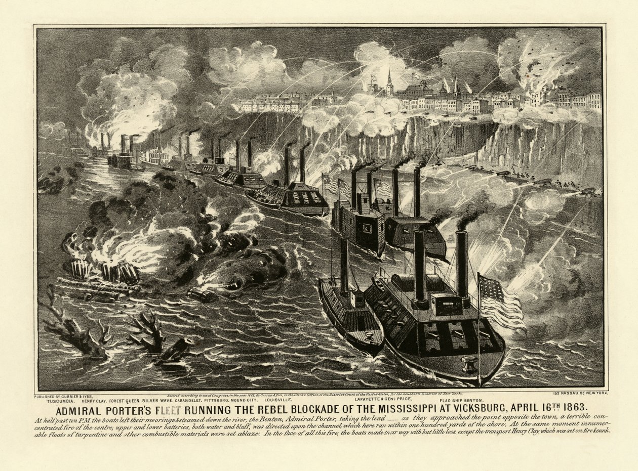 Admiral Porters flåte som kjører opprørsblokaden av Mississippi i Vicksburg, 16. april 1863, pub. 1863 (gravering) av American School