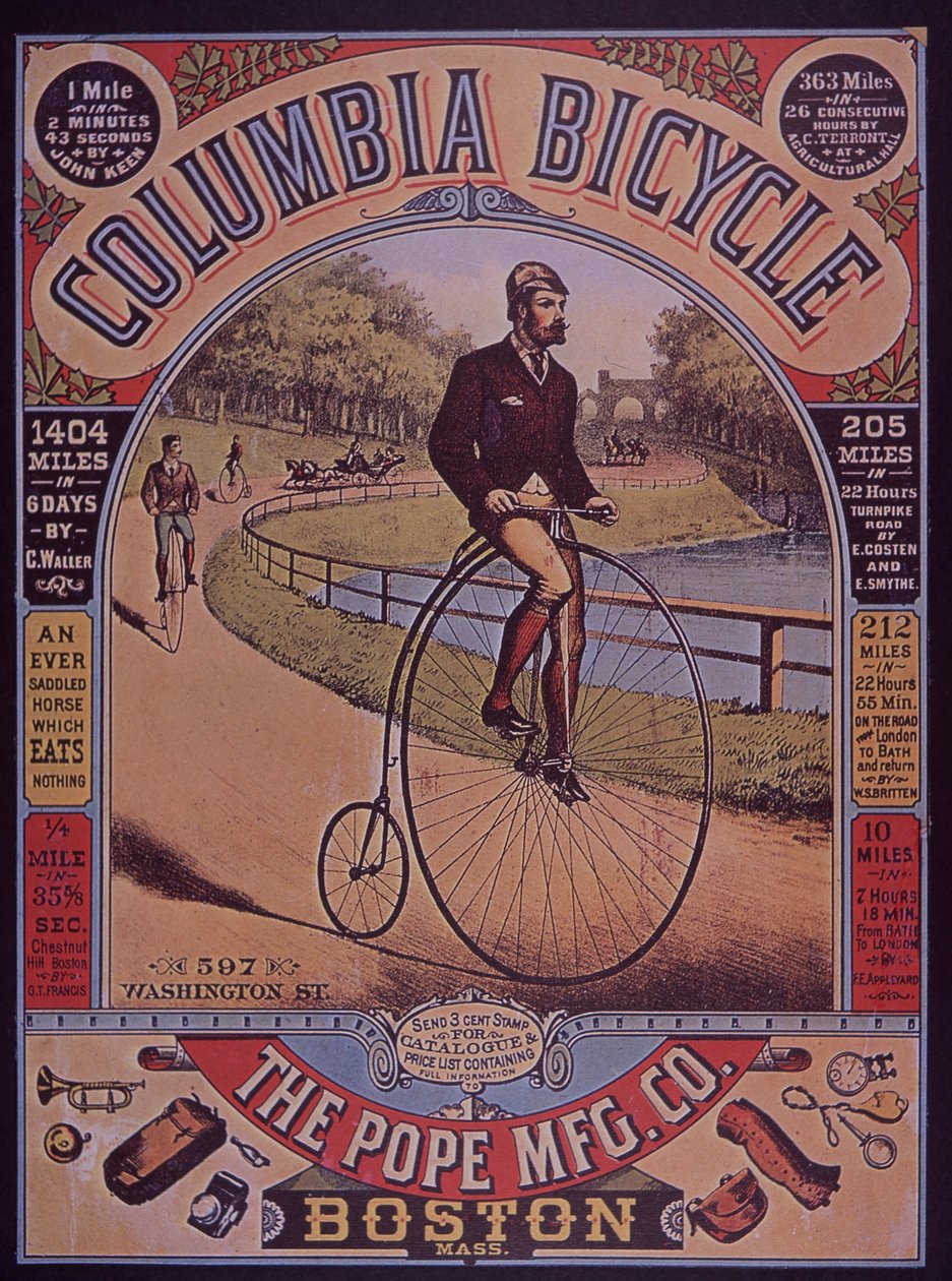Annonse for Columbia Penny-Farthing sykkel, Boston, USA av American School