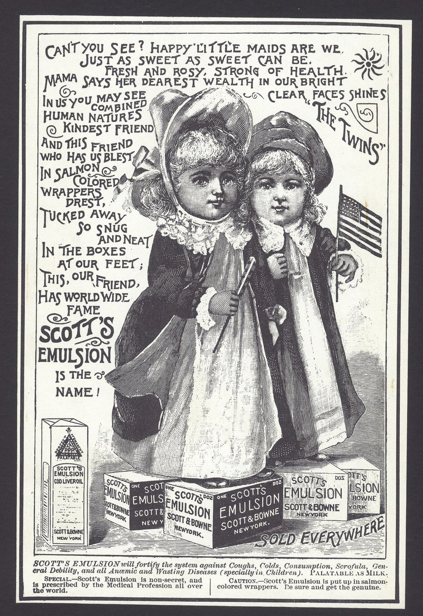 Annonse for Scott's Emulsion for behandling av hoste, forkjølelse og andre plager, sent på 1800-tallet (litho) av American School