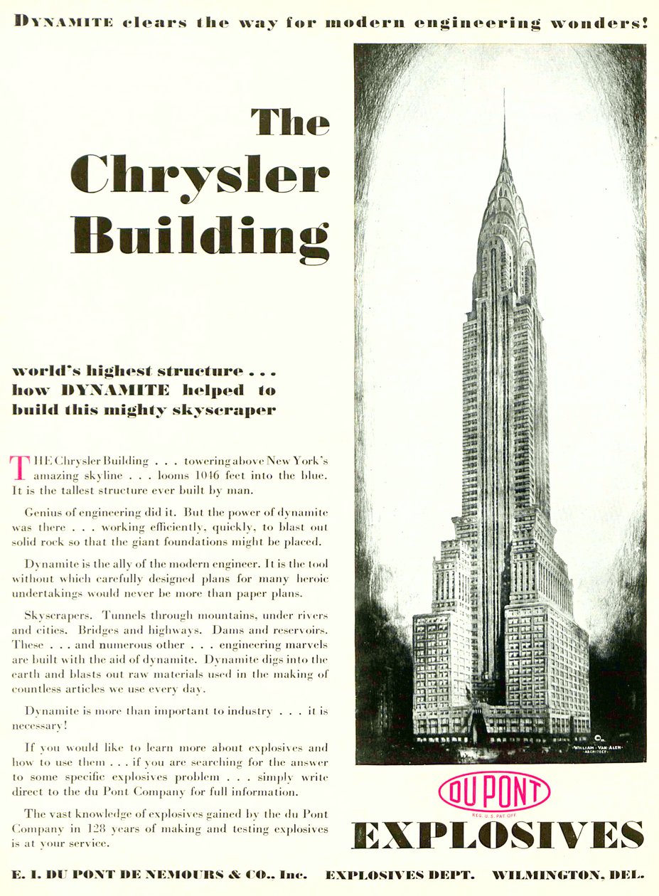 Annonse med The Chrysler Building, fra DuPont Magazine, mai 1930 av American School