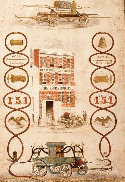 Annonse for Abraham Vanness, brannbilbygger og produsent av brannslokkingsutstyr, pub. av Geo. G. Gratacap, New York, ca. 1850 (litho) av American School