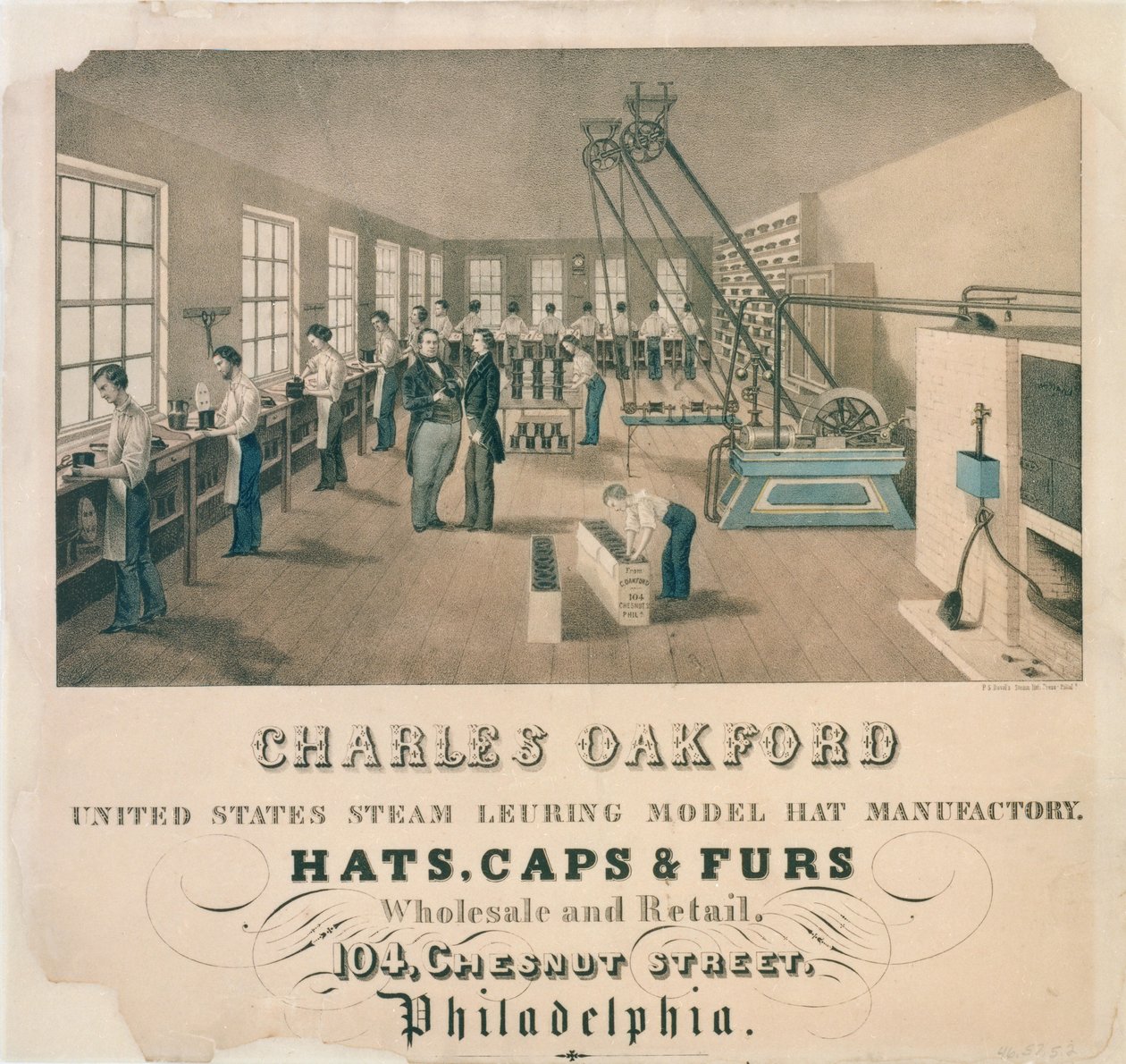 Annonse for Charles Oakford, hatteprodusent, Philadelphia, ca. 1850 av American School