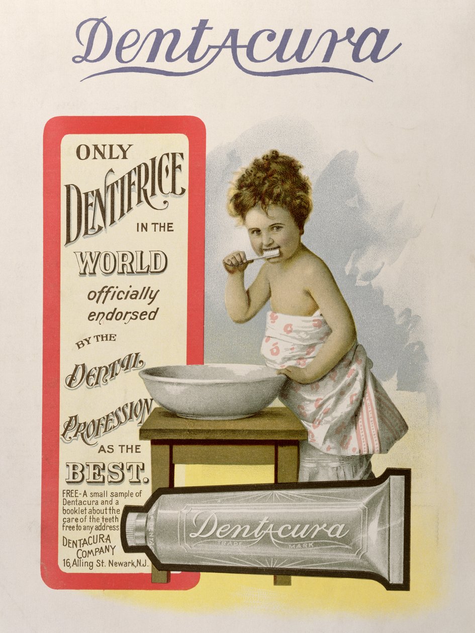 Annonse for Dentacura Dentifrice, fra Theatre Magazine, England, 1901 av American School