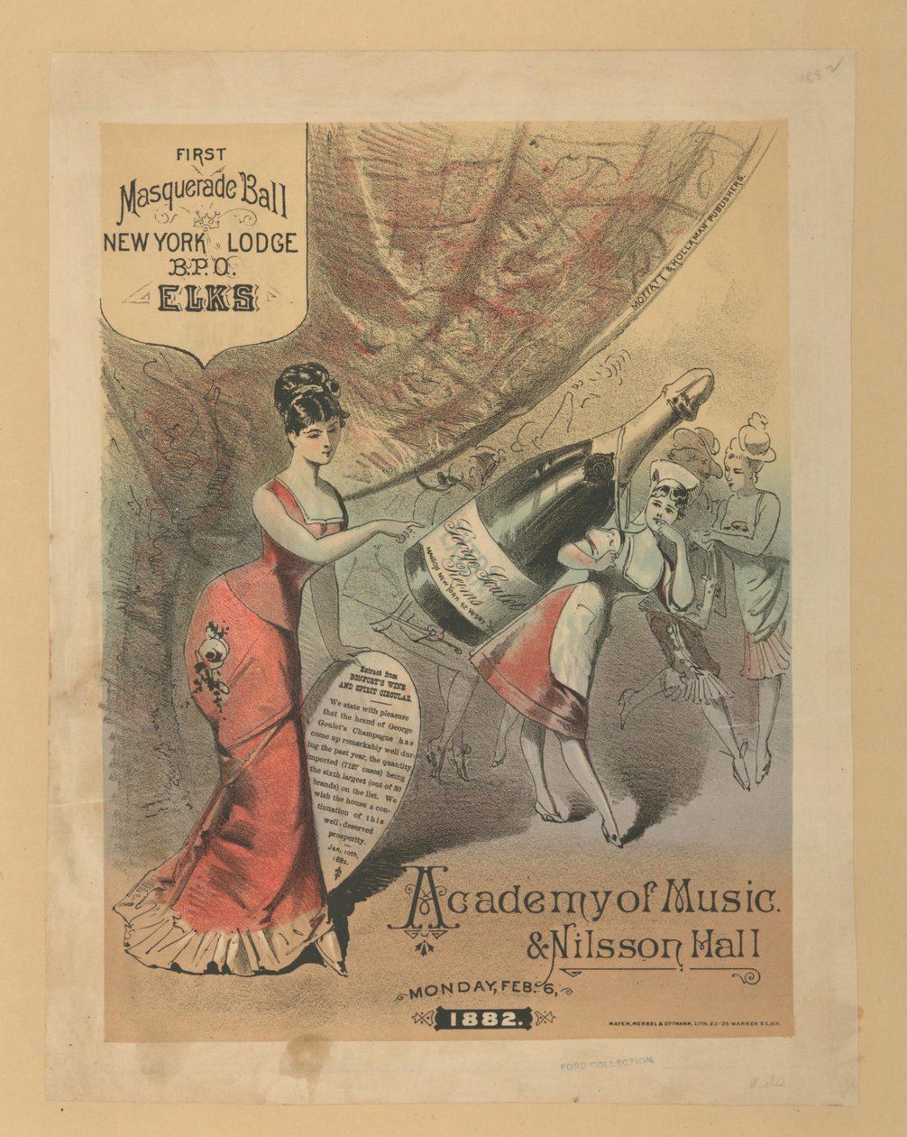 Annonse for George Goulets Champagne, og et maskeradeball ved Academy of Music & Nilsson Hall, ca. 1876 av American School
