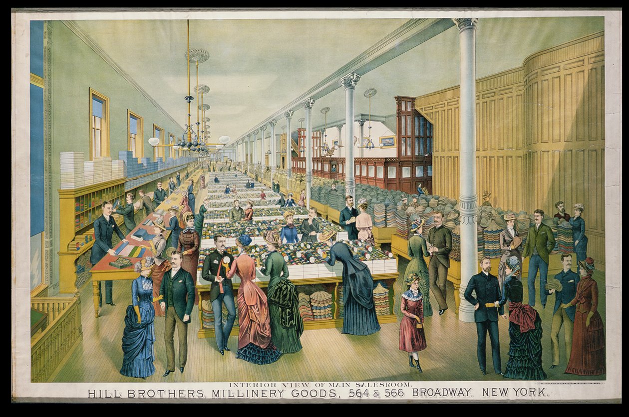 Annonse for Hill Bros. Millinery Goods med innvendig utsikt over hovedsalgslokalet av American School