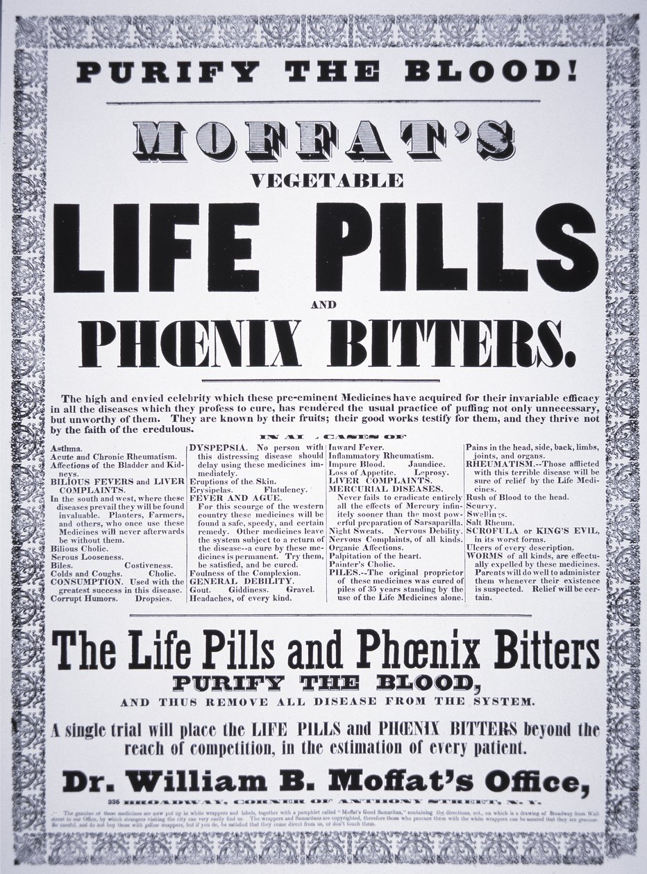 Annonse for 'Moffat's Vegetable Life Pills and Phoenix Bitters', ca. 1860 (trykk) av American School
