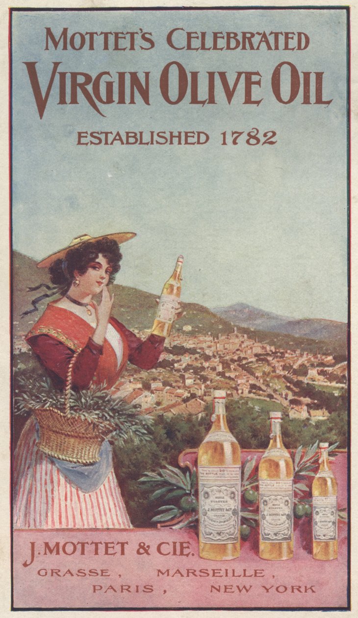 Annonse for Mottets Celebrated Virgin Olive Oil, ca. 1900 av American School