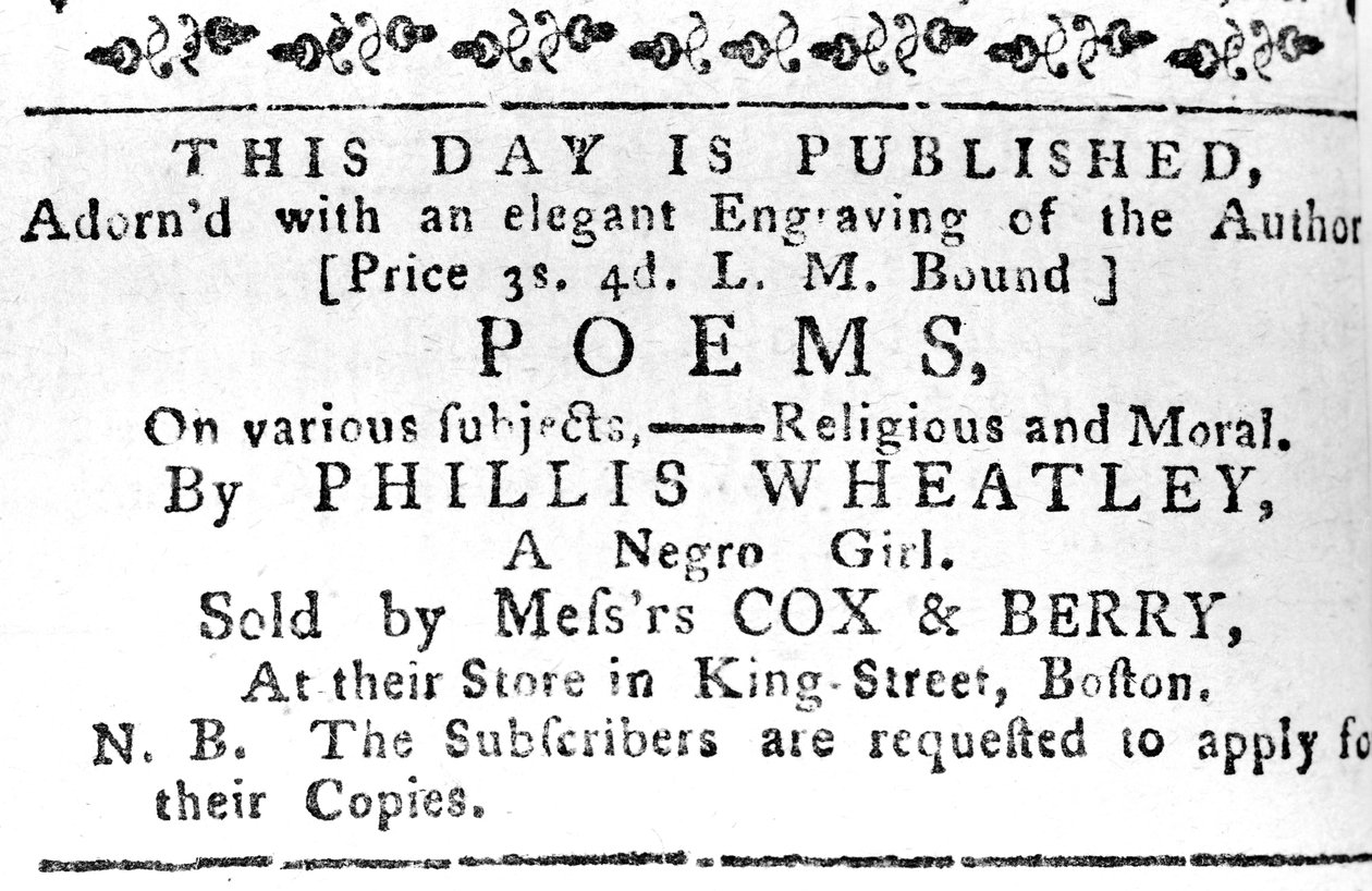 Annonse for Phillis Wheatleys første bok, fra Boston Gazette, 7. februar 1774 (avispapir) av American School