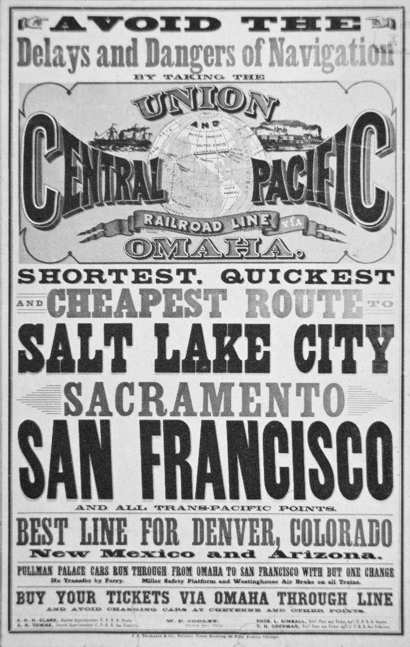 Annonse for Union and Central Pacific Railroad Line, ca. 1870 (litho) av American School