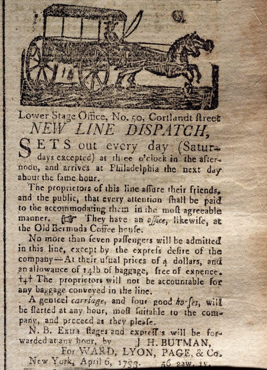 Annonse for New Line Dispatch, fra The New York Journal & Patriotic Register, 6. april, 1793 (trykk) av American School