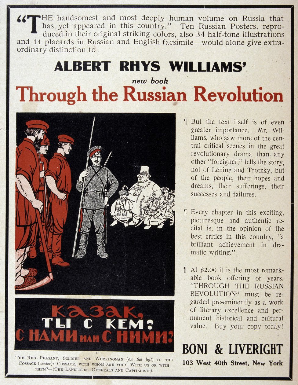 Annonsering for salg av boken ""Den russiske revolusjonen"" av Albert Rhys Williams i et amerikansk magasin av American School