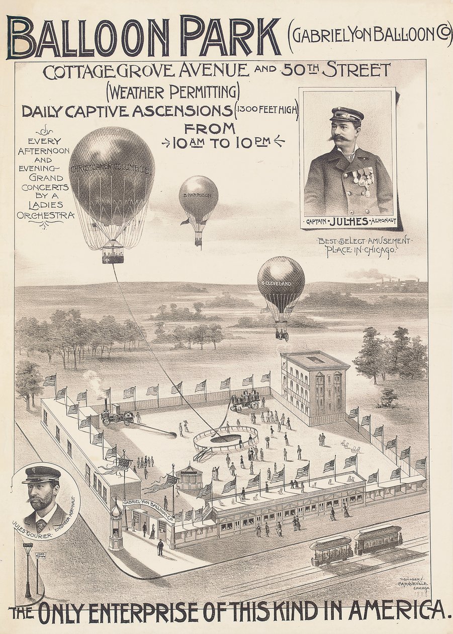 Reklameplakat for en ballongpark i Chicago, USA, ca. 1888 av American School
