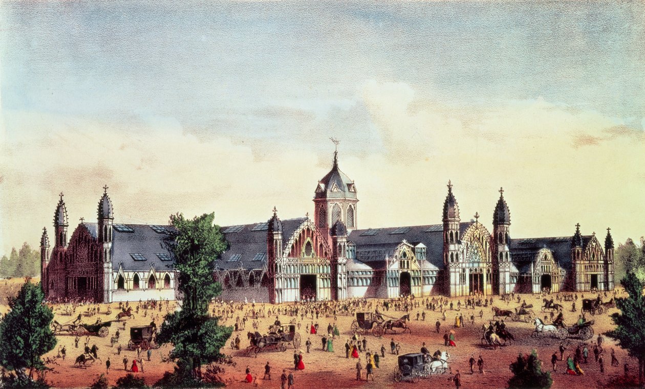 Agricultural Hall, Grand United States Centennial Exhibition, Fairmount Park, Philadelphia, pub. av Currier und Ives, 1876 av American School