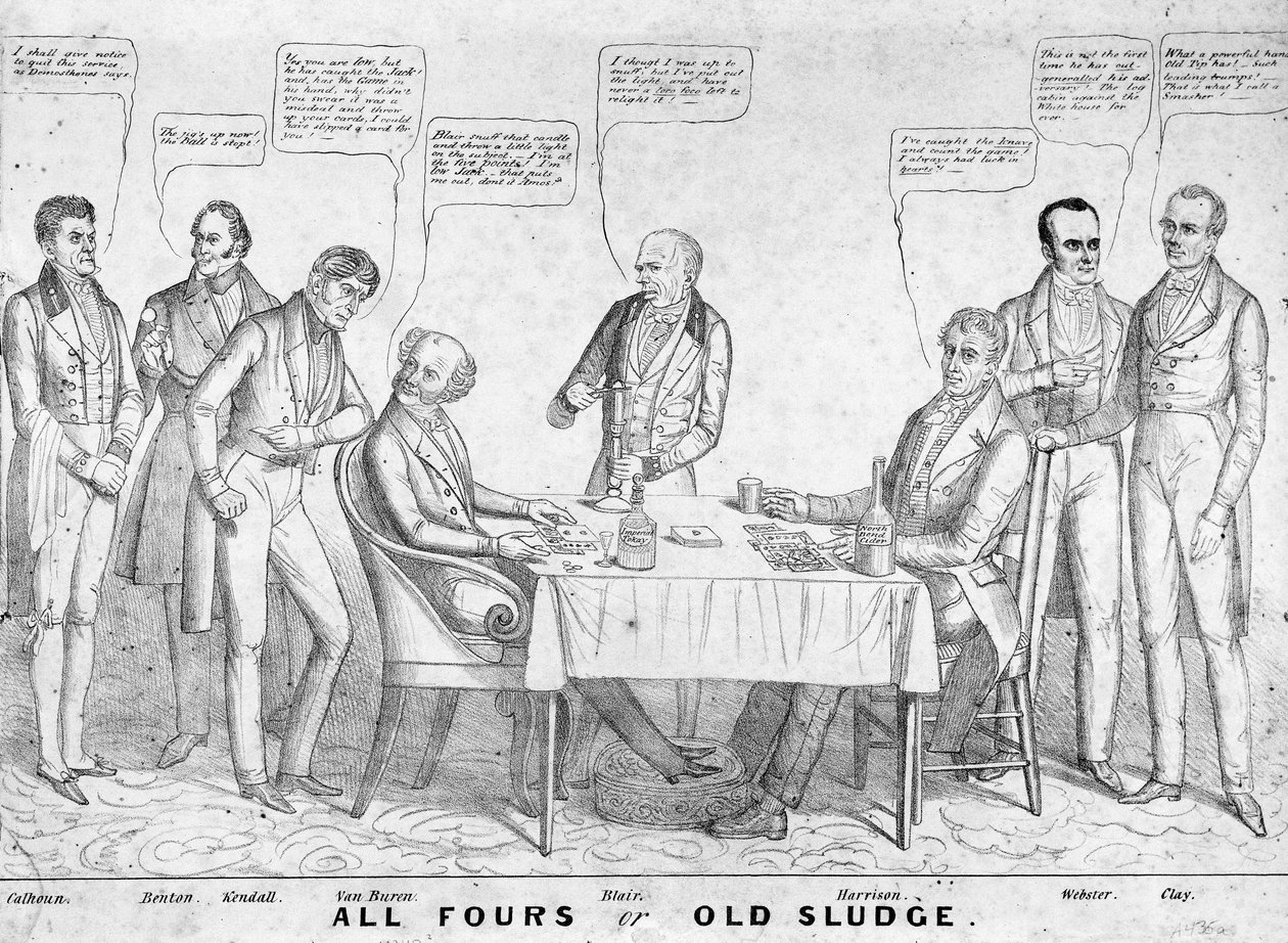 All Fours or Old Sludge , politisk tegneserie som viser president Martin Van Buren (1782-1862) som spiller kort mot William Henry Harrison (1773-1841) blant andre statsmenn og politikere, 1836 (litho) av American School