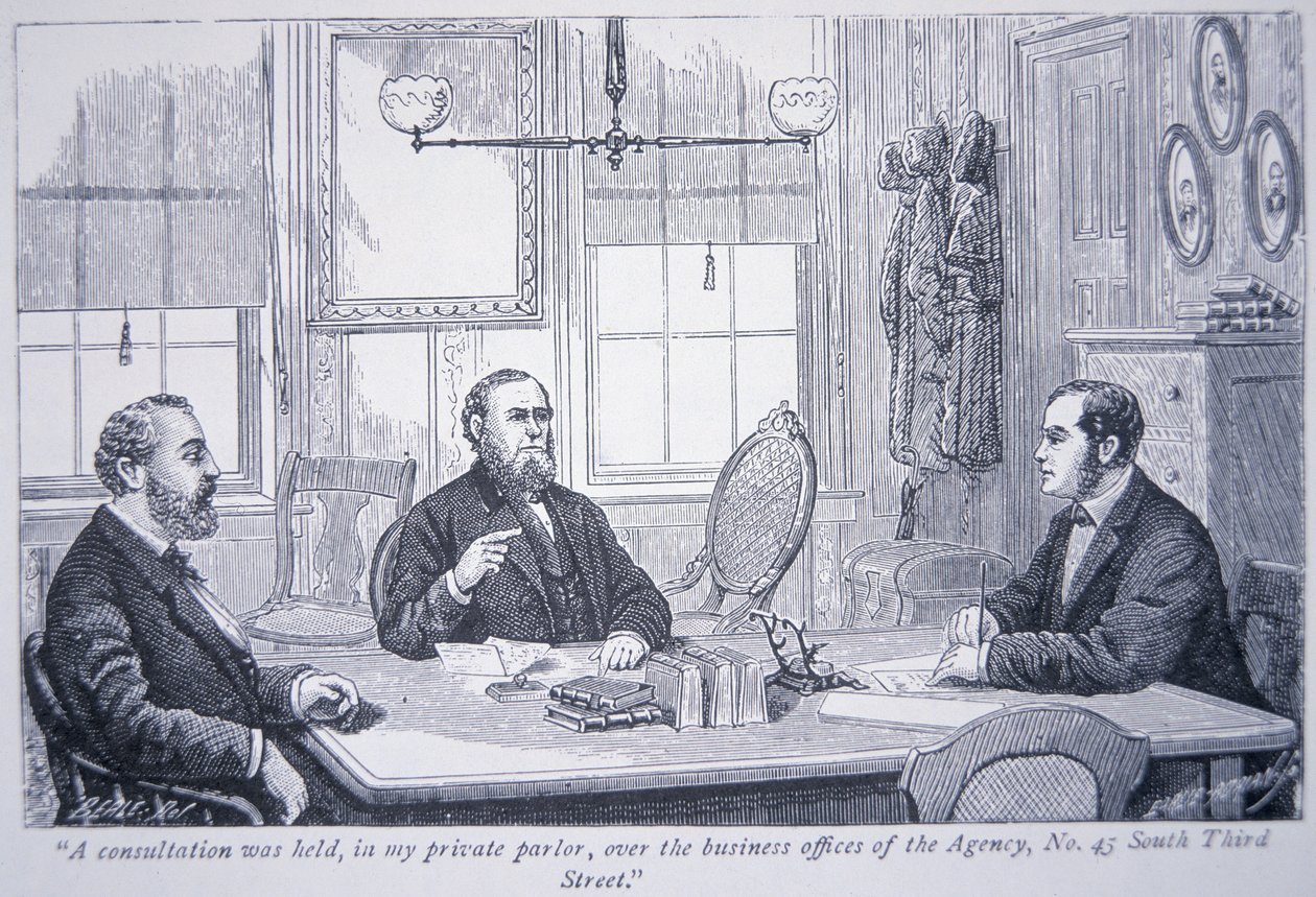 Allan Pinkerton i samråd med klienter på kontoret hans i Philadelphia av American School