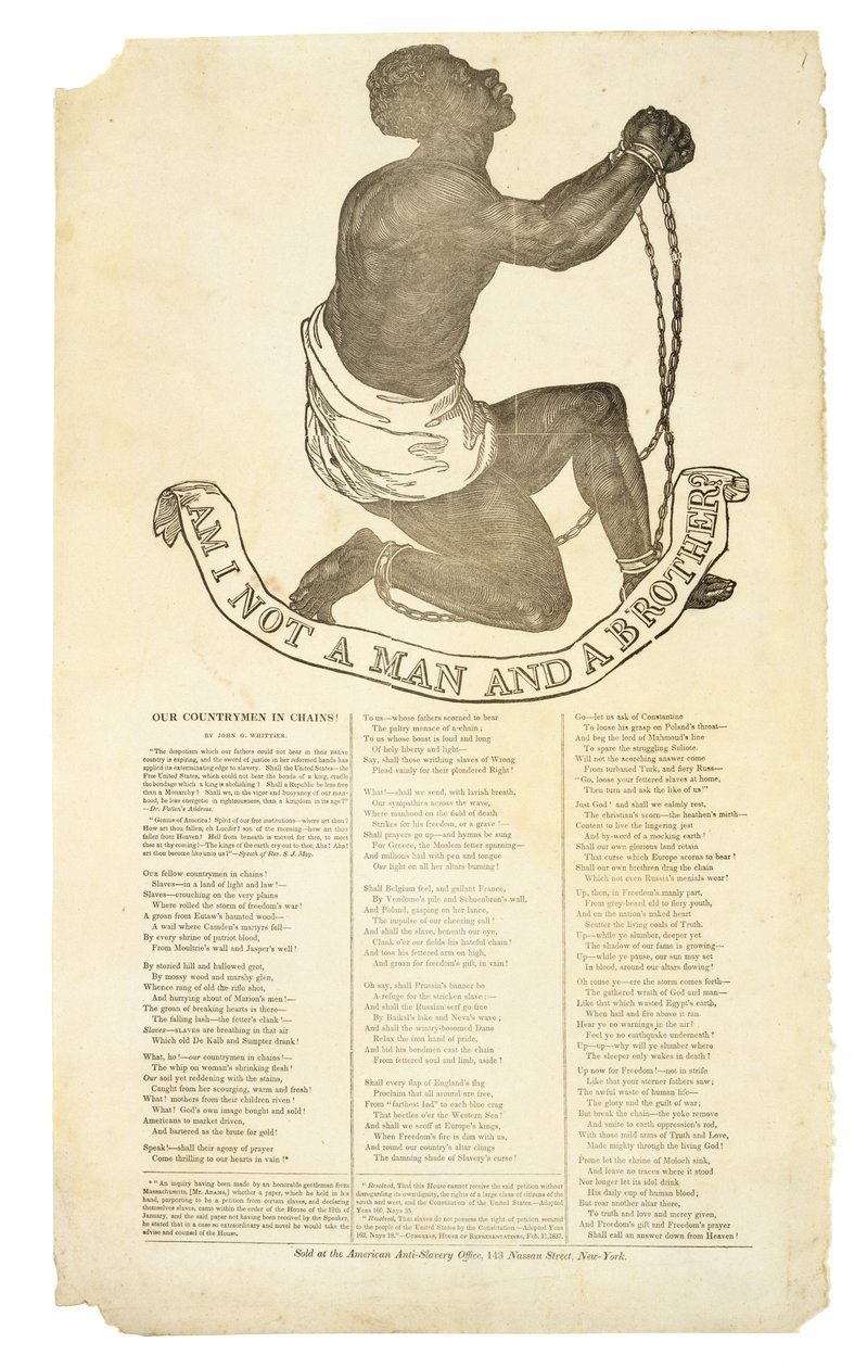 Er jeg ikke en mann og en bror?, ca. 1837 (tregravering på vevd papir) av American School