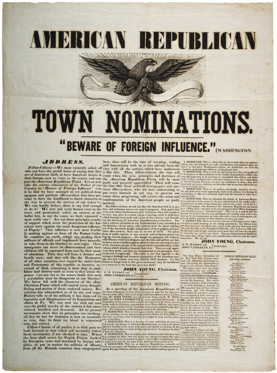 American Republican Town Nominations: Beware of Foreign Influence, ca. 1845 av American School