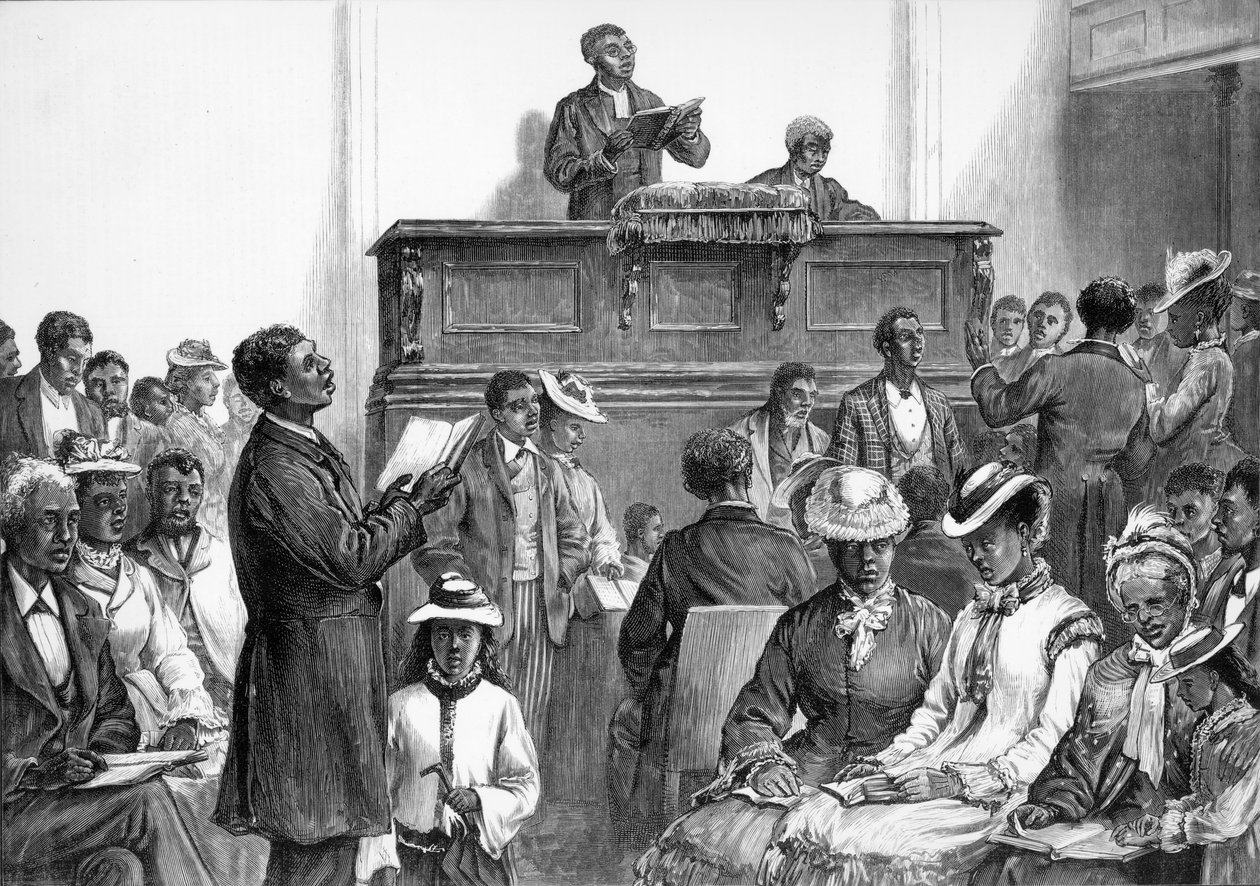 American Sketches: A Negro Congregation at Washington, fra 'The Illustrated London News' av American School
