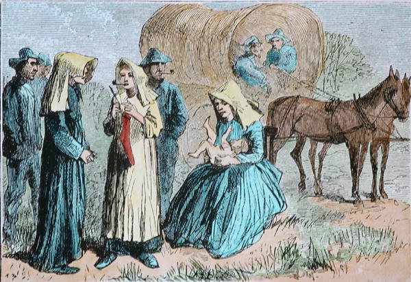 American Wagon Train Pioneers, ca. 1860 (farget gravering) av American School