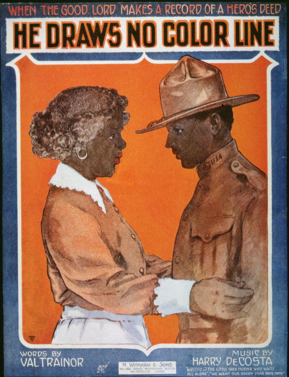 Amerikansk sangark fra første verdenskrig for 'He Draws No Color Line' (farge litho) av American School