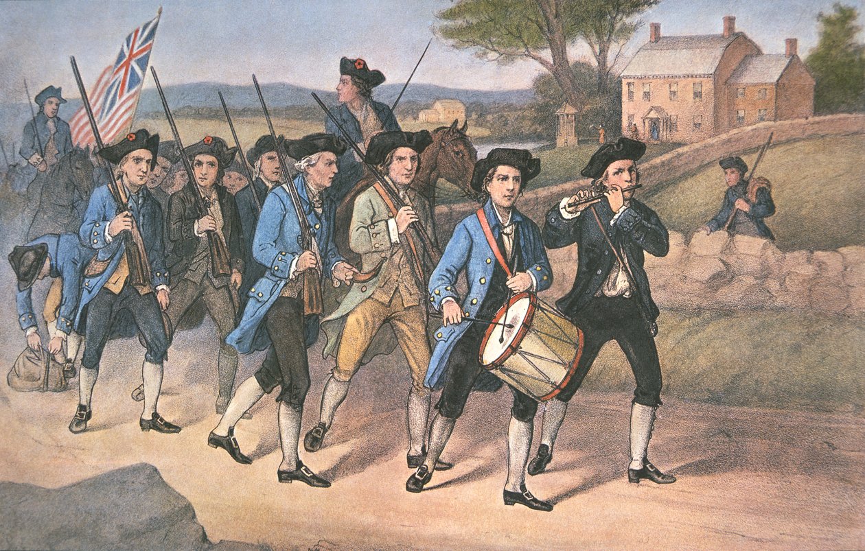 Amerikanske "minuttmenn" som marsjerer mot britene til kampmusikken til Fife and Drum, pub. av Currier & Ives av American School