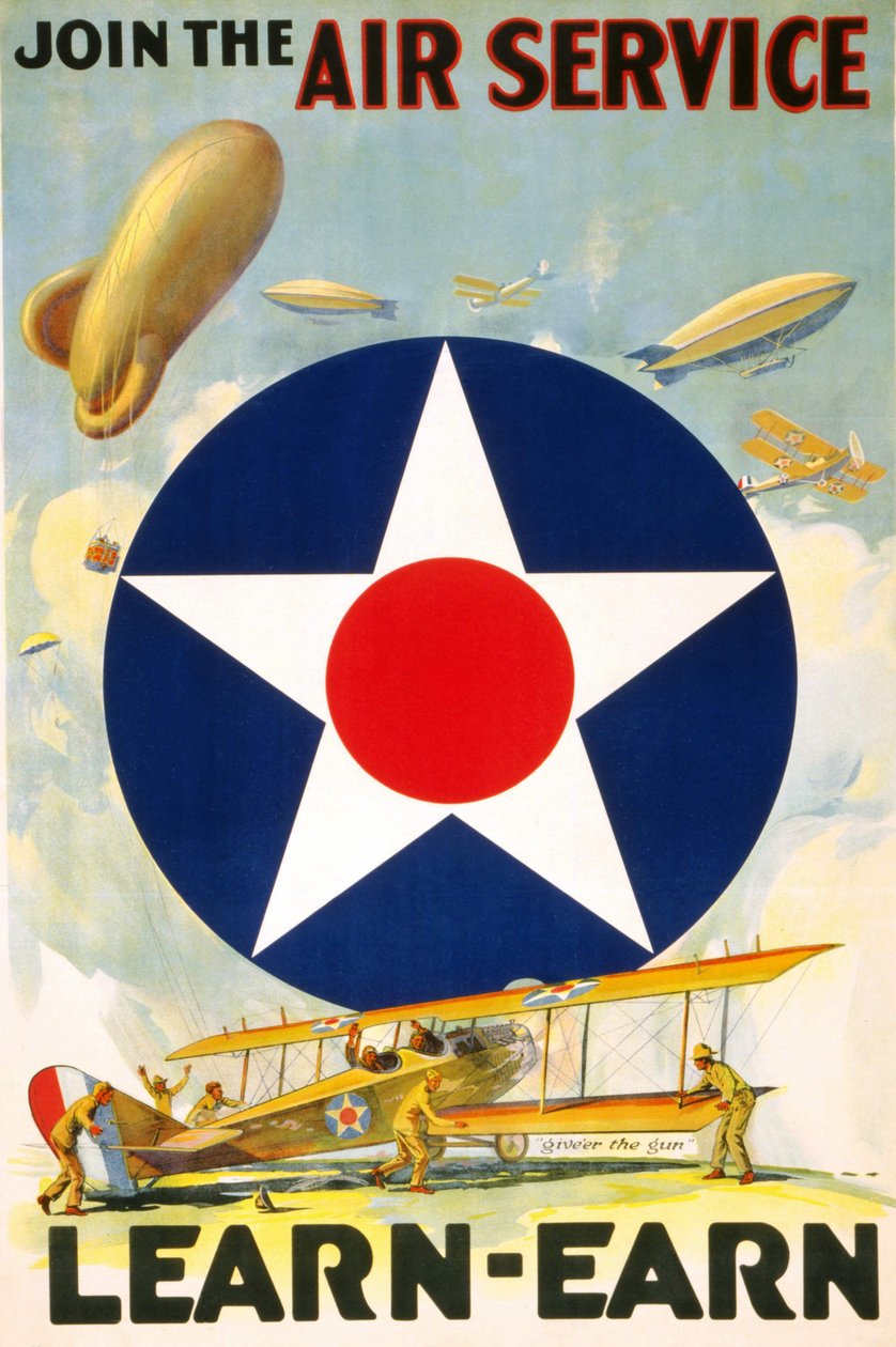 Amerikansk plakat "Join the Air Service Learn - earn."" redigert mellom 1917 og 1920. av American School