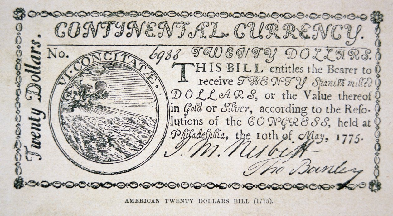 Amerikansk tjuedollarseddel fra 1775 (litho) av American School