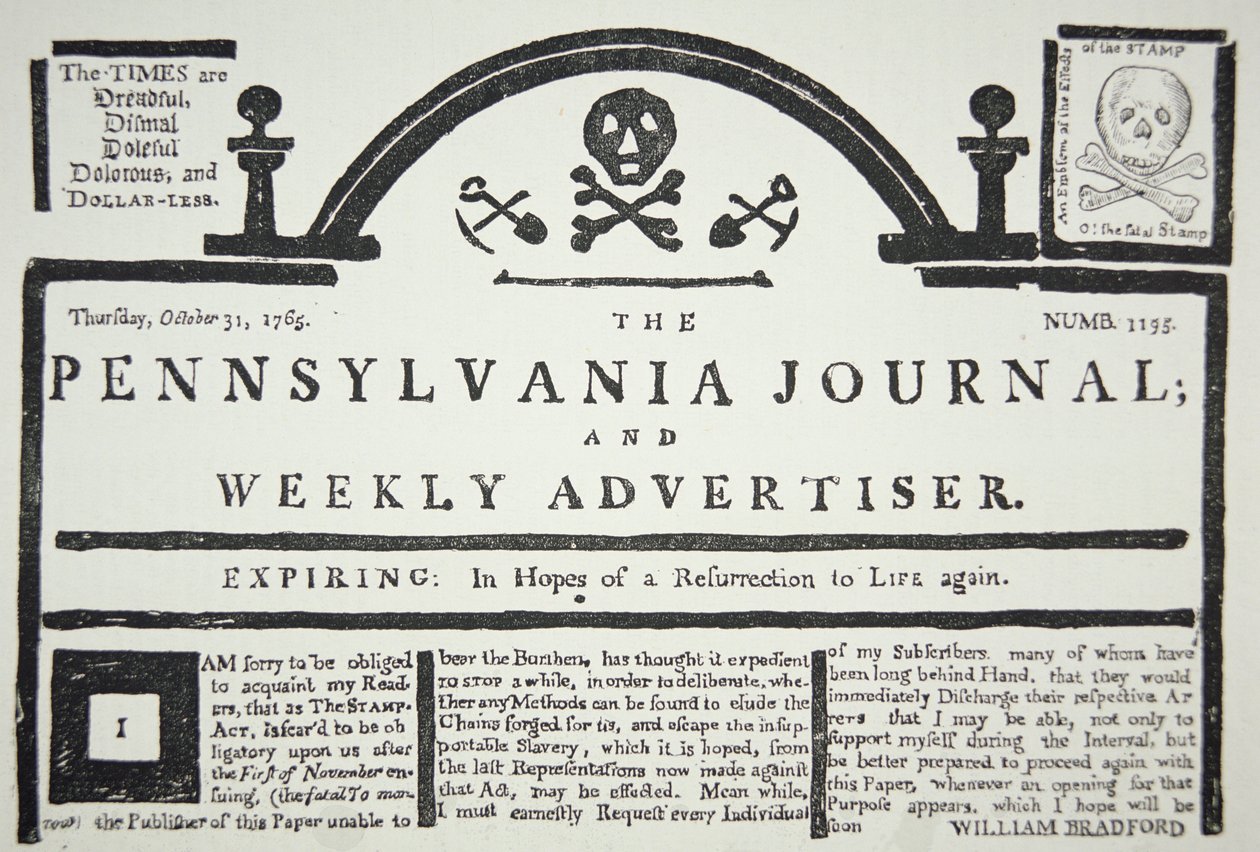 Et amerikansk svar på den britiske pålagte Stamp Act, pub. i The Pennsylvania Journal and Weekly Advertiser 31. oktober 1765 (avispapir) av American School