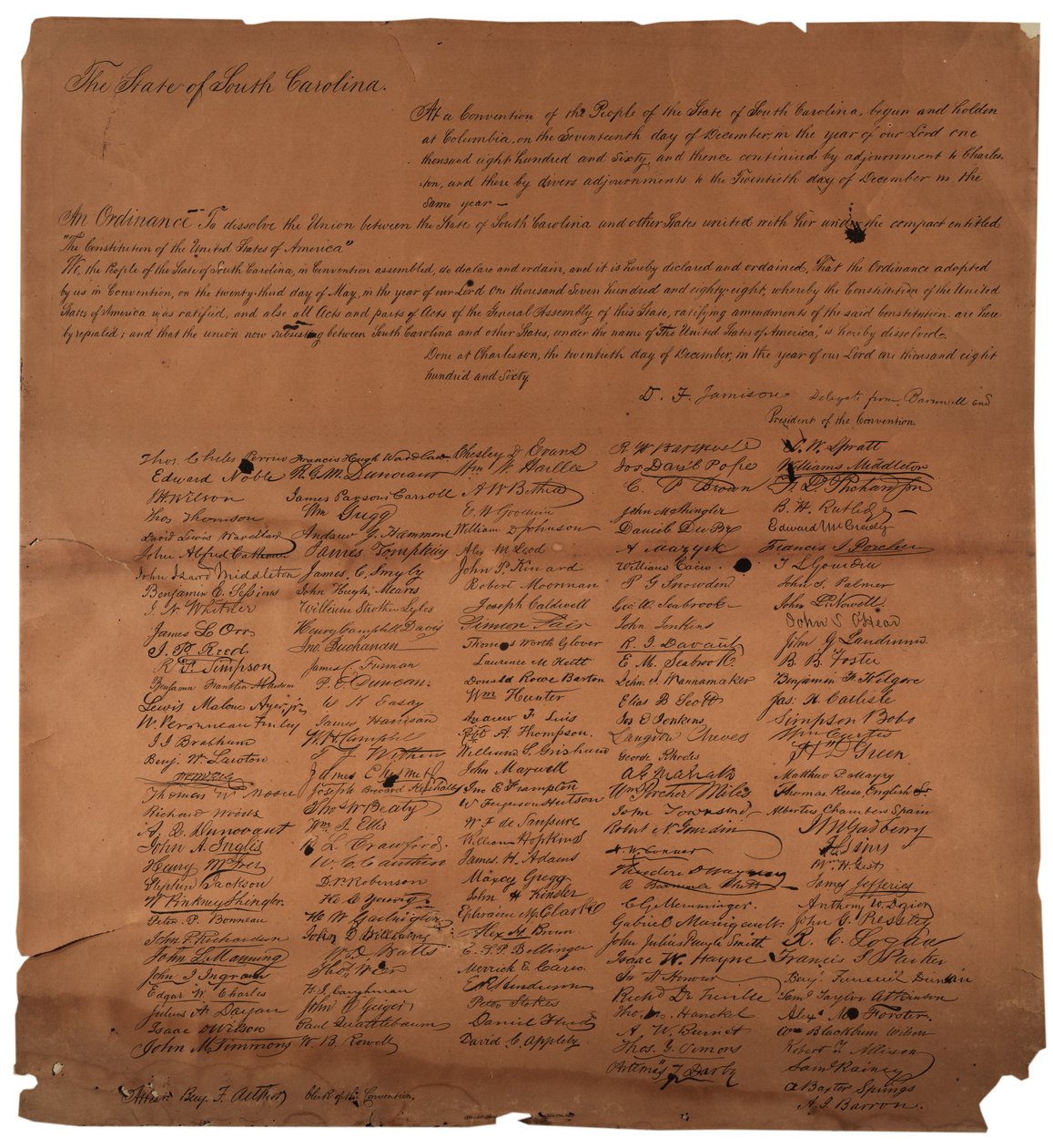 En forordning om å oppløse unionen mellom staten South Carolina, 20. desember 1860, trykt 1861 av American School