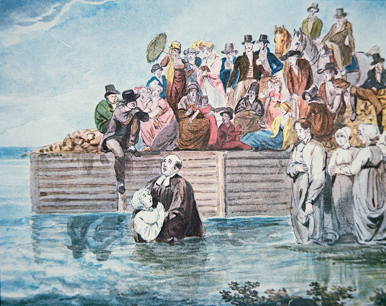 Anabaptister i Philadelphia er vitne til en full nedsenkingsdåp i en elv (farge litho) av American School