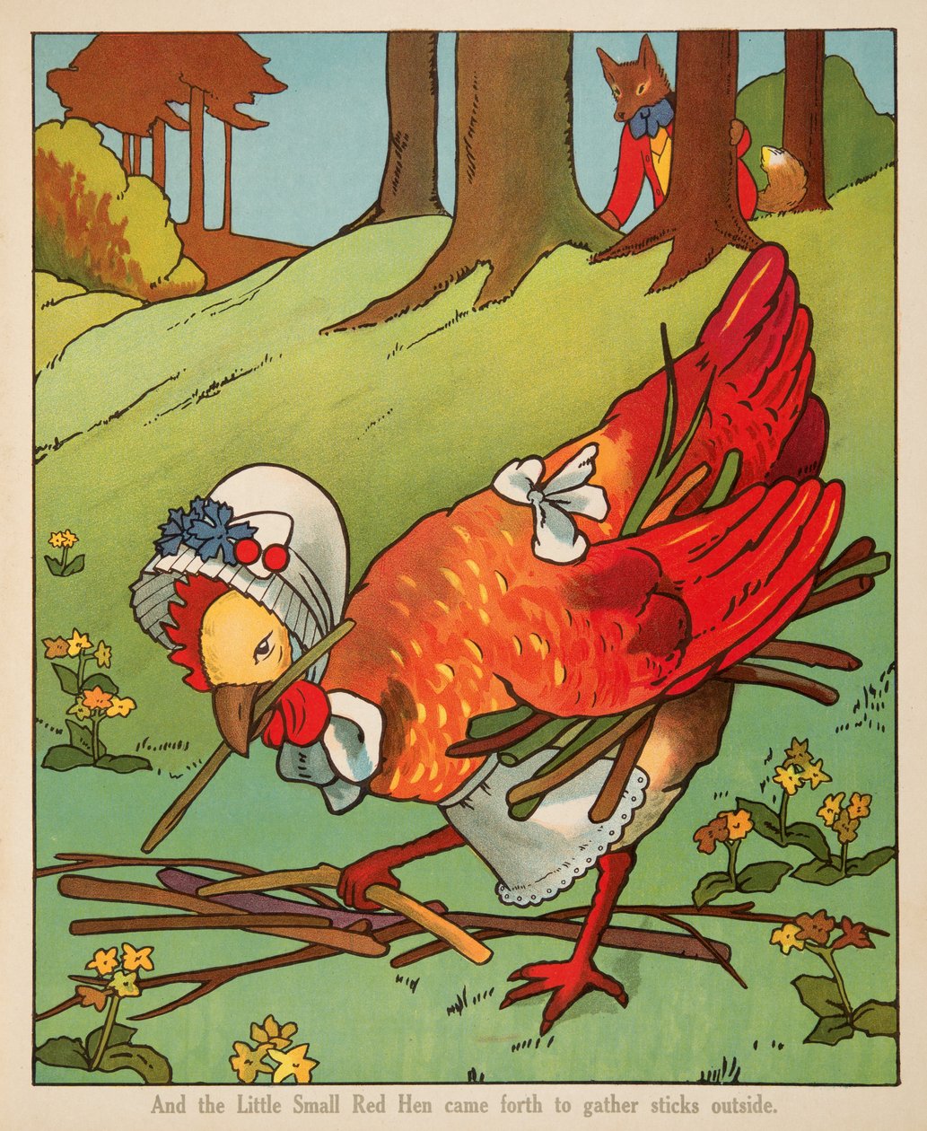 "Og den lille røde høna kom frem for å samle pinner utenfor", fra Peter Rabbit Little Red Hen and Owl and Pussy Cat pub. Charles E Graham & Co. c. 1900 (kromolitografi) av American School