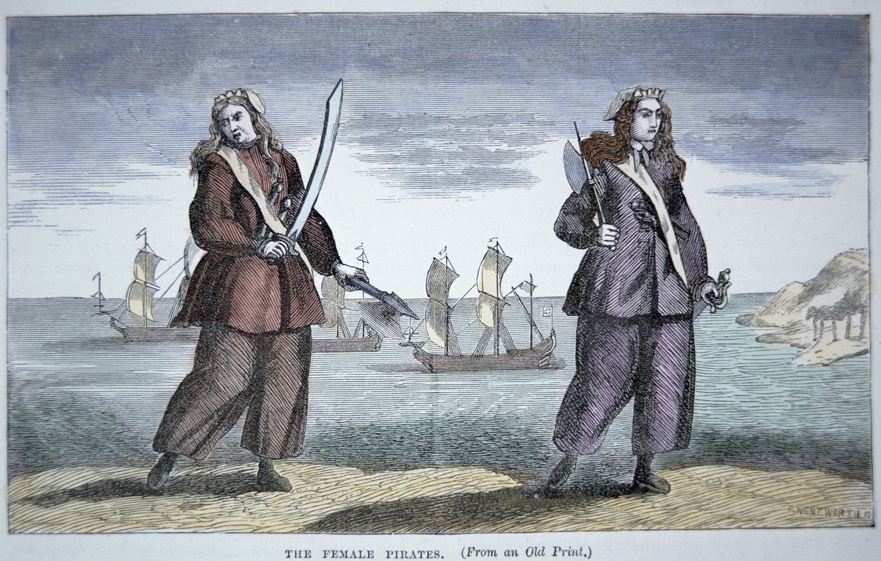 Anne Bonny (f.1697) og Mary Read (farget gravering) av American School