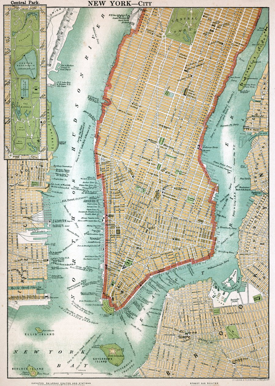Antikke kart over Lower Manhattan og Central Park av American School