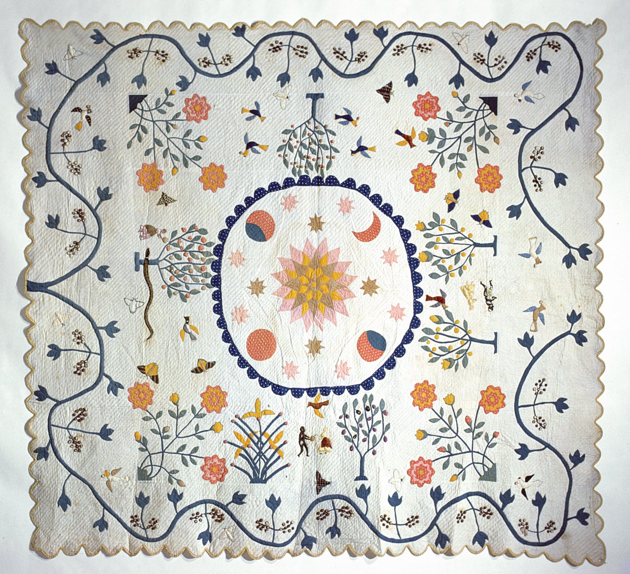 Applikasjonsdyne med sol, måne, stjerner og Edens hage, fra Arkansas, ca. 1850-80 (bomull) av American School