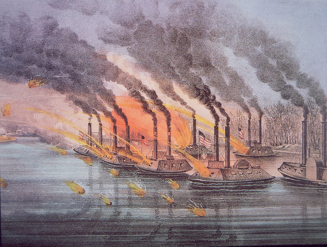 Pansrede kanonbåter kommandert av den amerikanske flaggoffiseren Andrew Foote, 6. februar 1862 (farget gravering) av American School