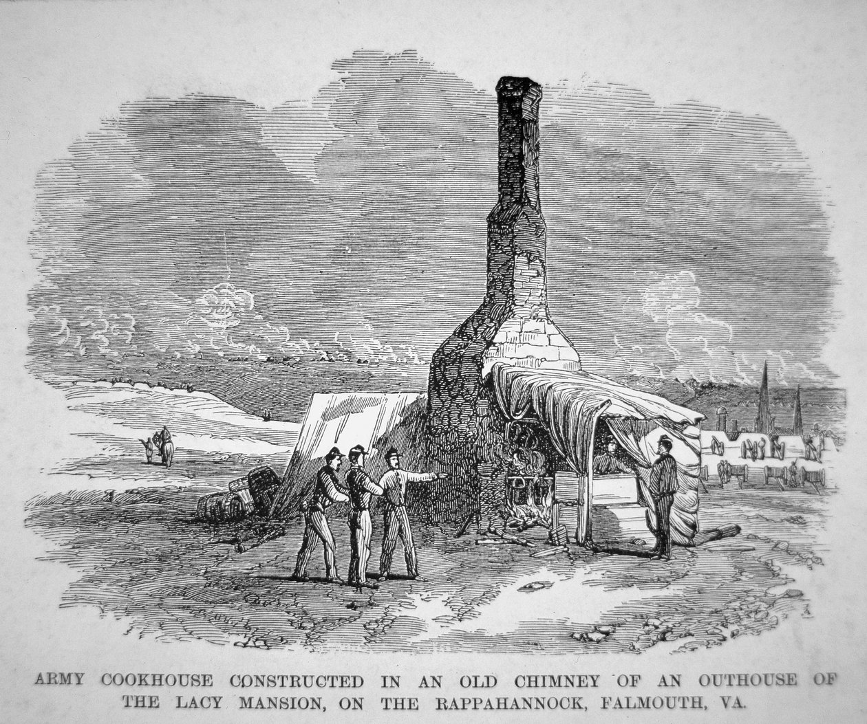 Hærens kokkehus bygget i en gammel skorstein i et uthus til Lacy-herskapshuset, på Rappahannock, Falmouth, Virginia (gravering) av American School