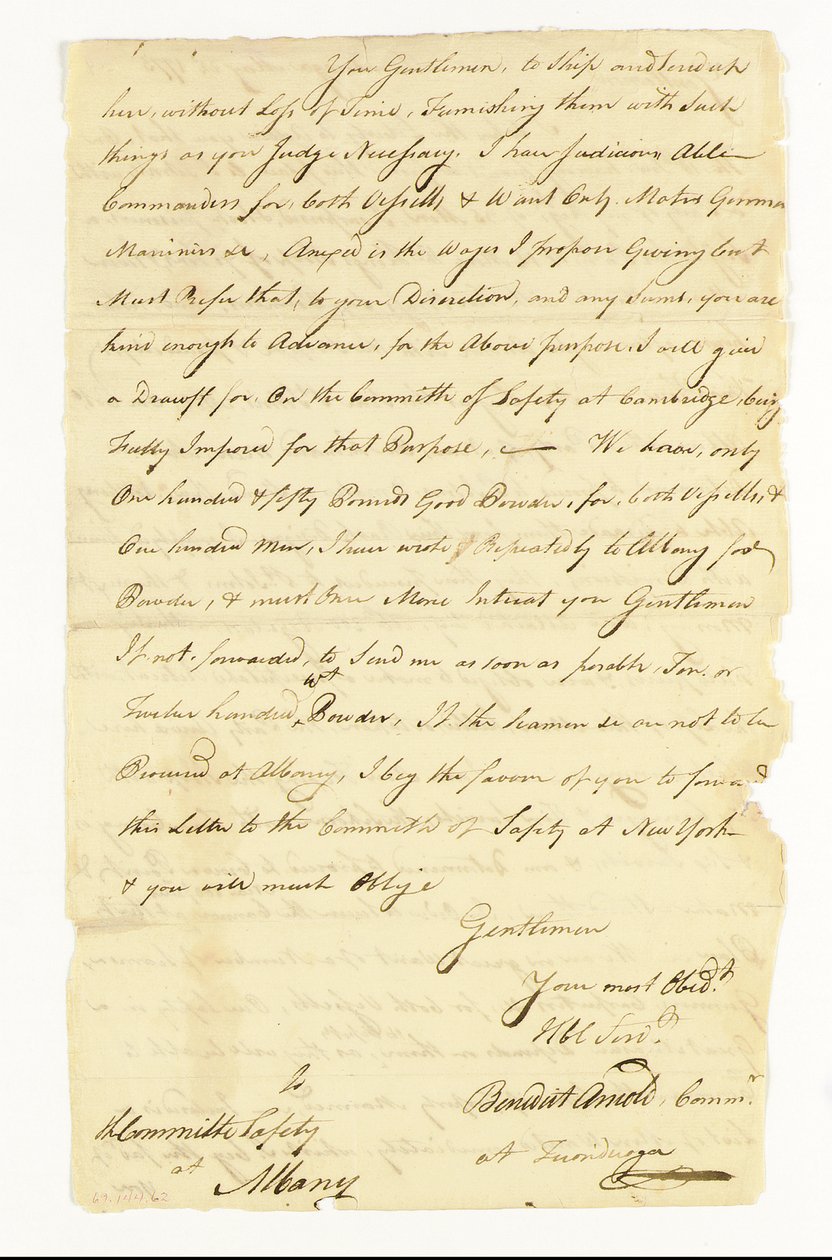 Arnold Benedict (1741-1801) general, kontinental hær, forræder. Autografbrev signert (quot;Benedict Arnold Commr. at Ticonderogaquot;) til komiteen for sikkerhet i Albany, Ticonderoga, 22. mai 1775 (penn og blekk på papir) av American School