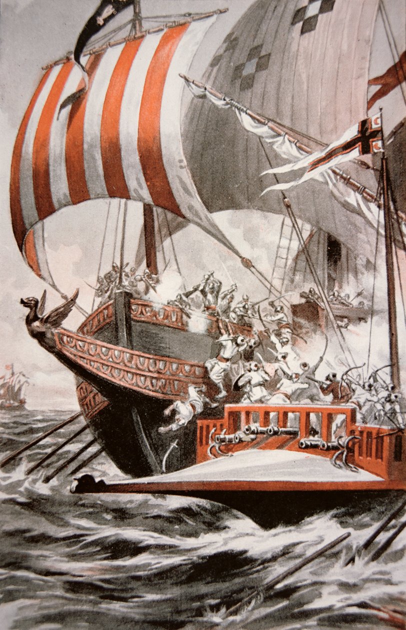 Arouji, bror til Barbarossa, angriper skattegaleiene til pave Julius II, i 1504 (farge litho) av American School