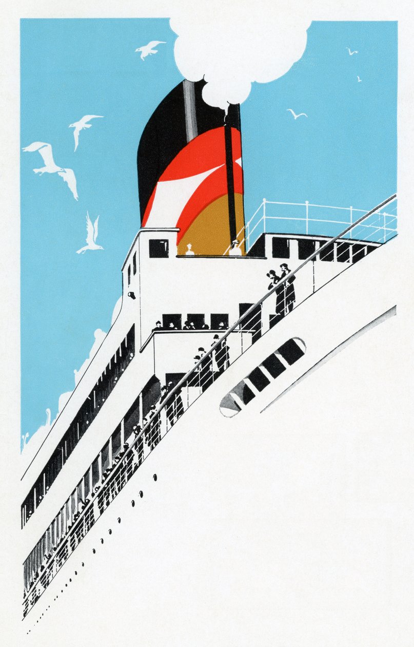 Art Deco 1920-tallsillustrasjon av et cruiseskip med passasjerer av American School
