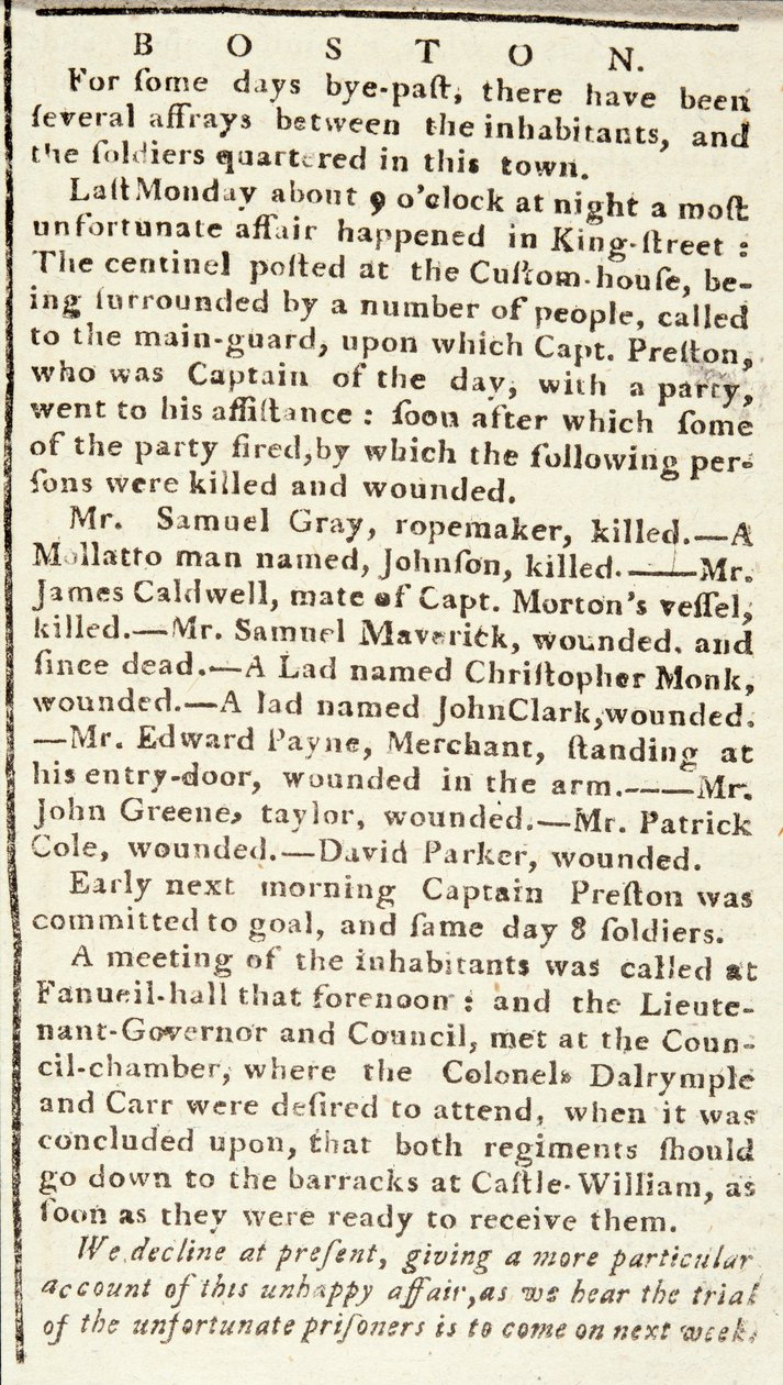 Artikkel fra Boston Chronicle som beskriver hendelsene under Boston-massakren, 5. mars 1770 (avis) av American School