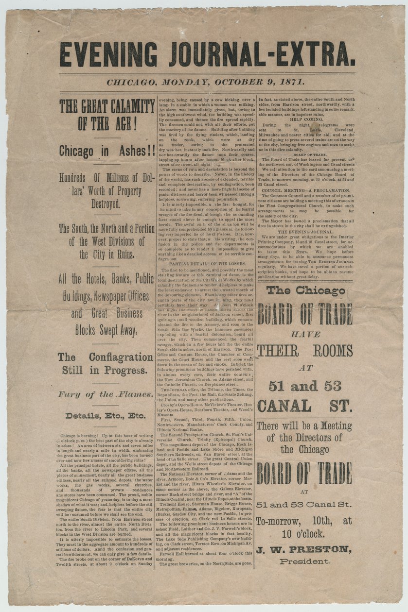 Artikkel fra Chicago Evening Journal-Extra angående Chicago-brannen i 1871, 9. oktober 1871 (avispapir) av American School